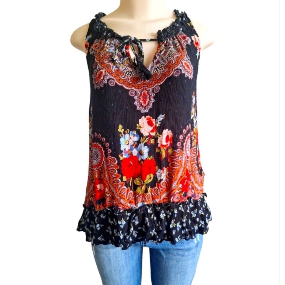 Boho Floral Paisley Sleeveless Ruffle Hem Blouse - Size Medium